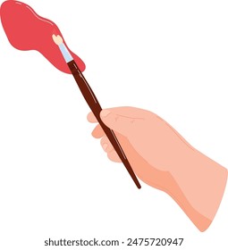 Hand holding paintbrush dipping red paint, creative crafts scene. Painters hand grip wooden brush, creativity concept isolated white background, vector illustration, brushstroke