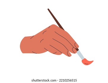 Hand Holding Paintbrush, Making Brush Stroke, Applying Paint. Artists Arm, Wrist Drawing. Fingers Squeezing Painting Tool, Supplies. Flat Vector Illustration Isolated On White Background