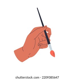 Hand Holding Paintbrush. Painters Arm Drawing With Paint Brush. Artists Fingers With Painting Tool, Art Supplies, Instrument. Flat Graphic Vector Illustration Isolated On White Background