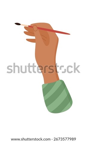 Hand holding a paintbrush, ready for creative activity in a workshop. Concept of DIY crafts and art, flat style character icon. Suitable for children and hobby themes.