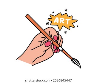 Hand holding paintbrush with speech bubble ART doodle vector drawing.