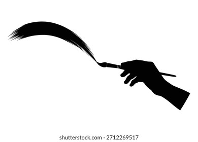 Hand holding paintbrush with stroke vector illustration. Artist painting an abstract line. Creative design element for art concepts.