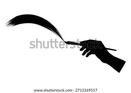 Hand holding paintbrush with stroke vector illustration. Artist painting an abstract line. Creative design element for art concepts.