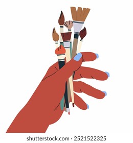 Hand holding paintbrushes. Hand drawn vector illustration of hand with art tools. Doodle style. Workshop, art studio, workplace, artist, art shop, painting. Hand, palm, wrist, fingers, nails.
