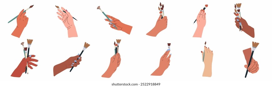 Hand holding paintbrushes set. Hand drawn vector illustration of hands with art tools. Doodle style. Workshop, art studio, workplace, artist, art shop, painting. Hand, palm, wrist, fingers, nails.