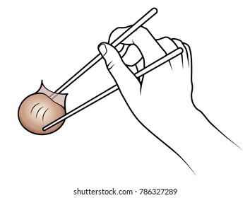 Hand holding a pair of chopsticks with a dumpling.