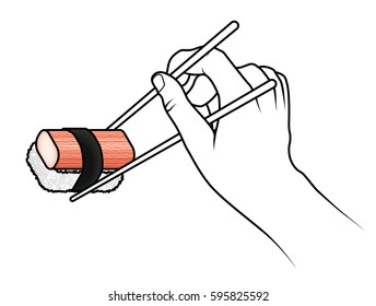 Hand holding a pair of chopsticks with a piece of sushi with a red and white crab stick.