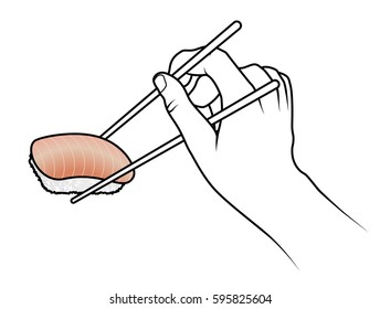 Hand holding a pair of chopsticks with a piece of sushi with a slice of raw white fish.