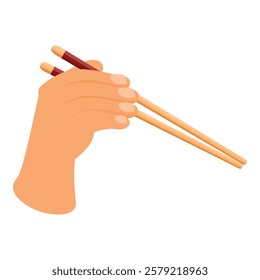 Hand is holding a pair of chopsticks, ready to enjoy a delicious asian meal