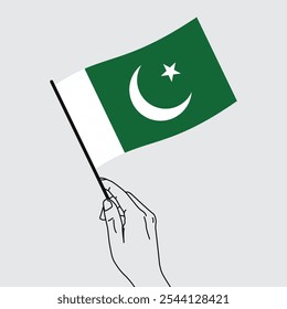 Hand holding Pakistan flag in line art drawing style. Pakistan hand Flag waving. Vector illustration