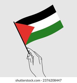 Hand holding Palestine flag with line art style. Ukraine Flag. Vector hand drawn illustration