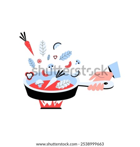 Hand Holding Pan With Floating Vegetables In Flat Vector Illustration Symbolizing Cooking, Food Preparation, And Culinary Arts, Isolated On White Background