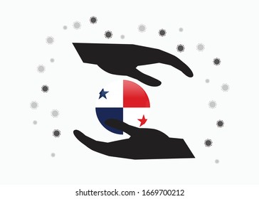 Mano portando la bandera de Panamá en el símbolo del ciclo, Proteger al pueblo panameño del coronavirus o el concepto COVID-19, Salvar a Panamá, símbolo de símbolo fondo, ilustración vectorial. 