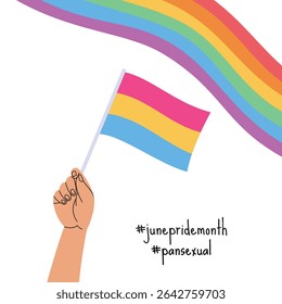 Uma mão segurando a bandeira do orgulho pansexual. Banner quadrado do mês do orgulho LGBT. Ilustração vetorial para uma celebração anual da diversidade de gênero