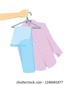 hand holding pants and shirt on hangers. simple laconic stock vector illustration.