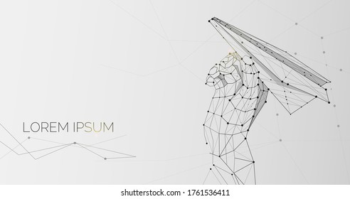 Hand holding paper airplane, illustration made of lines and dots, panorama with free space