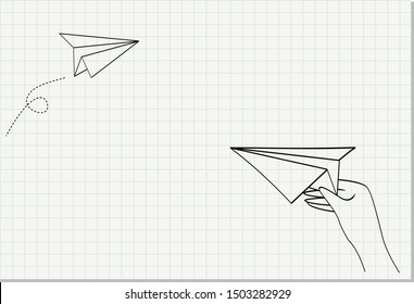 hand holding a paper airplane in the sky. vector illustration