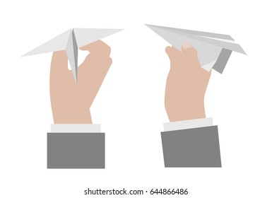 Hand holding a paper airplane. Vector illustration isolated on white background