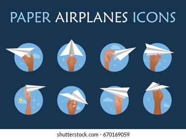 Hand holding paper airplanes icons. Vector illustration