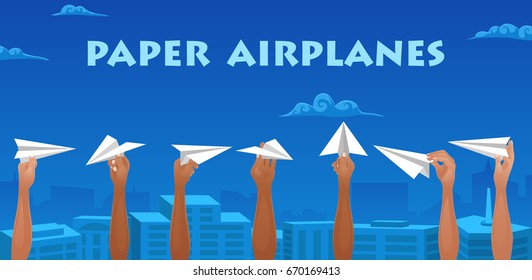 Hand holding paper airplanes. Vector illustration