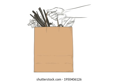 Hand holding paper bag with food. Giving lunch brown craft shopping packag. Safe delivery courier service order. Pay online by internet concept. Takeaway food meal. Vector sketch illustration.