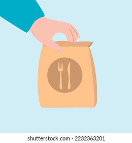 Bolsa de papel de mano con un símbolo de bifurcación y cuchillo. Comida extraída en la ilustración plana vectorial del embalaje. Servicio de entrega, concepto de comida para banner, diseño de sitio web o página web de aterrizaje