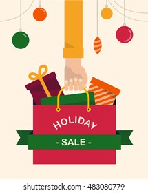 Hand holding a paper bag with a gifts and purchases. Holiday sale and shopping concept. Ribbon banner with text. Isolated vector illustration flat design.