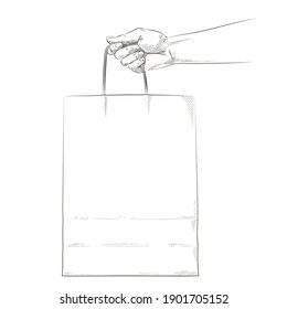 Hand holding paper bag. Giving lunch brown craft shopping package mock up. Safe delivery courier service order. Pay online by internet concept. Takeaway food meal. Vector sketch illustration.
