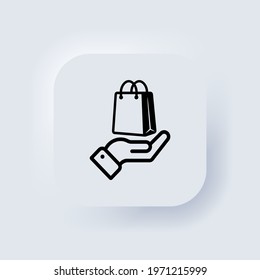 Hand Holding Paper Bag. Shopping Bag Icon. Click And Collect Order Online. Vector. Purchase Business Concept. Neumorphic UI UX White User Interface Web Button. . Vector