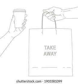 Hand holding paper bag, take-away coffee paper cup. Coffee break at the cafe shop. Safe delivery courier service order. Vector sketch illustration.