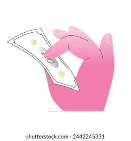 hand holding paper bill. flat vector illustration isolated on white background. money saving concept. stylish bright gradient. editable stroke