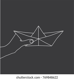 Hand holding a paper boat, vector illustration design. Hands collection.