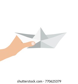 Hand holding a paper boat, vector illustration design. Hands collection.