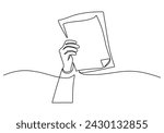 Hand holding paper book in continuous one line art drawing. Vector illustration documents concept.