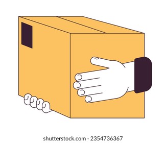 Hand holding paper box flat line concept vector spot illustration. Purchase delivery 2D cartoon outline hand on white for web UI design. editable isolated color hero image