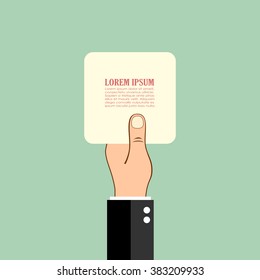 Hand holding paper card, vector poster illustration on green background