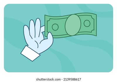 Hand holding paper cash vector banner.  Cartoon flat design usd money in hand palms.