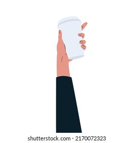 Hand holding paper cup of coffee. Vector illustration of coffee to go. 