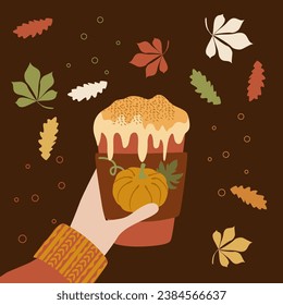 Hand holding Paper cup of coffee. Vector Flat style illustration of Pumpkin spice latte on dark background with Leaves. Season hot drink, coffee to go with Whipped cream and lid, November mood.