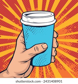 Hand holding a paper cup of coffee. Fast food vector illustration in pop art retro comic style.