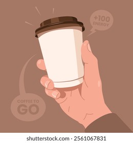 Hand holding paper cup with coffee or tea. Coffee to go. Morning ritual. Vector Illustration of takeaway drinks.