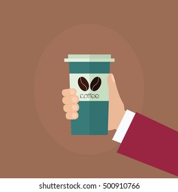 Hand holding paper cup of coffee vector. Coffee take away background.