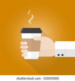 hand holding paper cup of coffee flat design on orange background