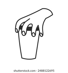 Hand holding Paper Cup Doodle Line Icon. Gesture. Coffee or tea in fingers. Drink Beverage. Isolated vector illustration.