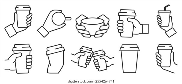 Hand holding paper cup with drink line icon set. A hand is holding a coffee cup icon set. Vector illustration of a hand holding a mug of coffee to takeaway in transparent background. Editable stroke