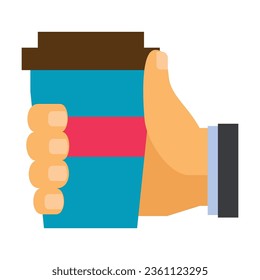 Hand holding paper cup with hot drink covered with plastic lid. Multicolored flat vector icon representing hand gestures and actions concept isolated on white back