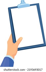 Hand, die Papier auf der Zwischenablage hält. Weißes Blatt einzeln auf weißem Hintergrund