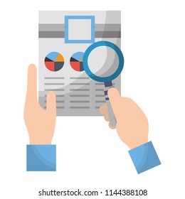 hand holding paper documents report magnifying glass