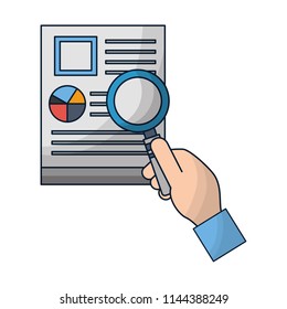 hand holding paper documents report magnifying glass