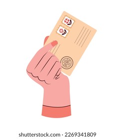 Hand holding paper envelope with letter. Modern vector clip art with postal objects, mail, postmarks, post office, stamp. Cute vintage hand drawn illustration for sticker, card, banner. Flat design.